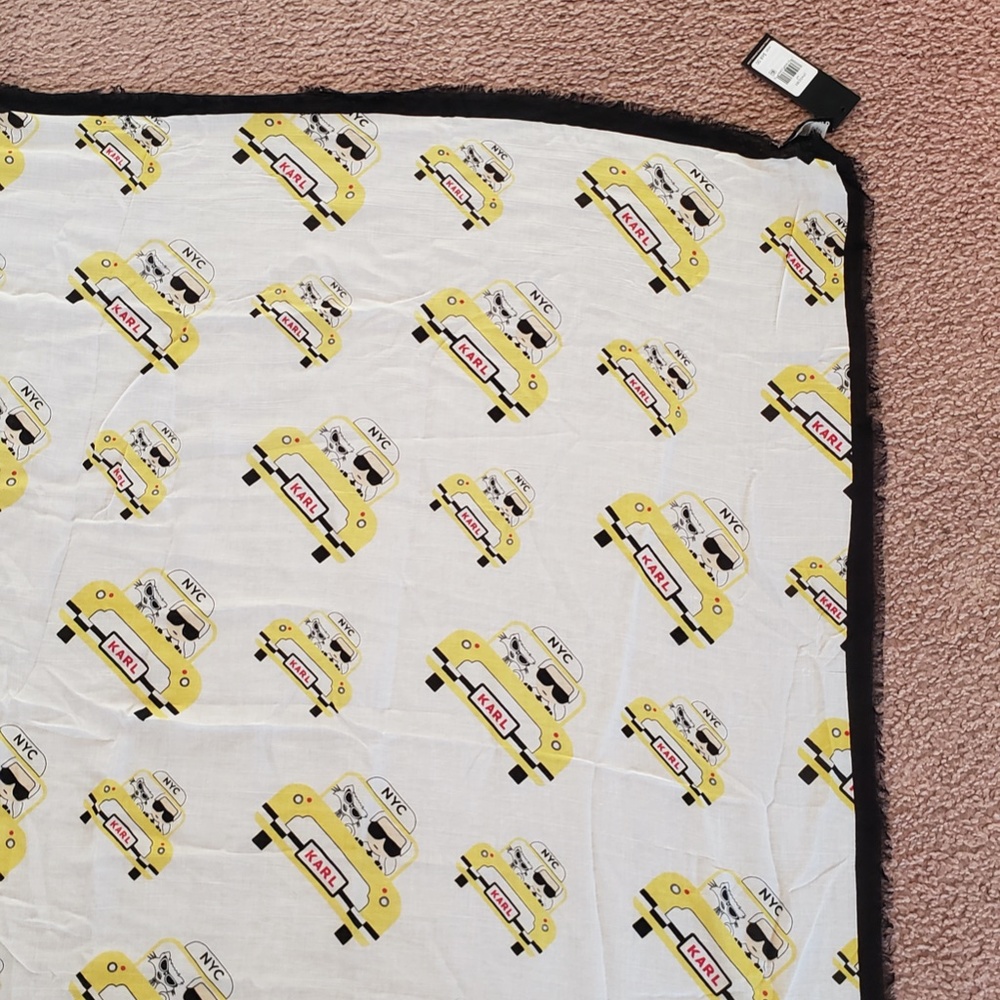 NWT Karl Lagerfeld Ikonik Print Silk Modal Large Square Frayed Edges Black Scarf - Picture 9 of 15